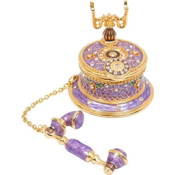 Hand Painted Enameled Telephone Decorative Hinged Jewelry Trinket Box Home Decor - Picture 3 of 6